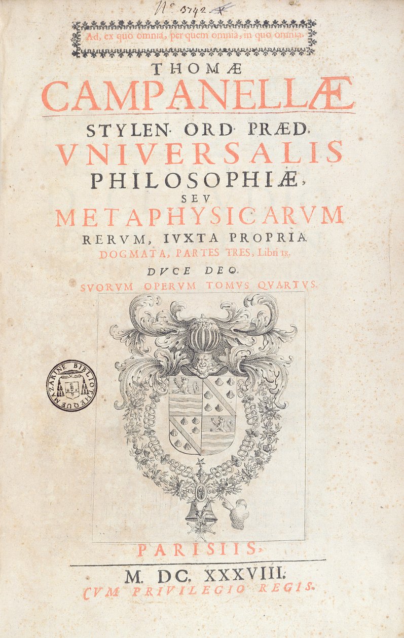 Frontispis knihy Universalis Philosophiae od Tommasa Campanelly, vydané v Paříži roku 1638. od French School