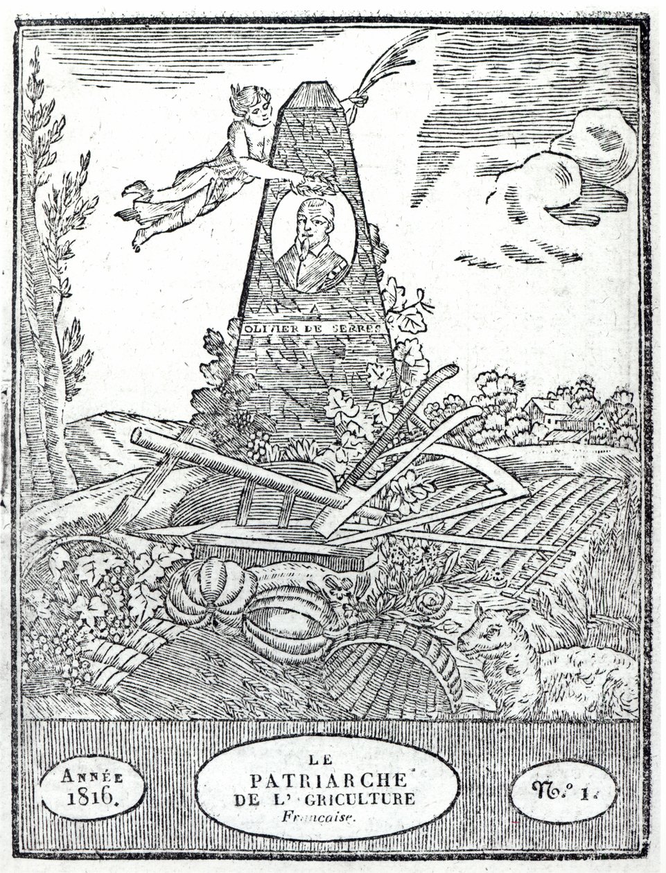 Frontispis k zemědělskému almanachu s portrétem Oliviera de Serres (1539-1619) 1816 od French School