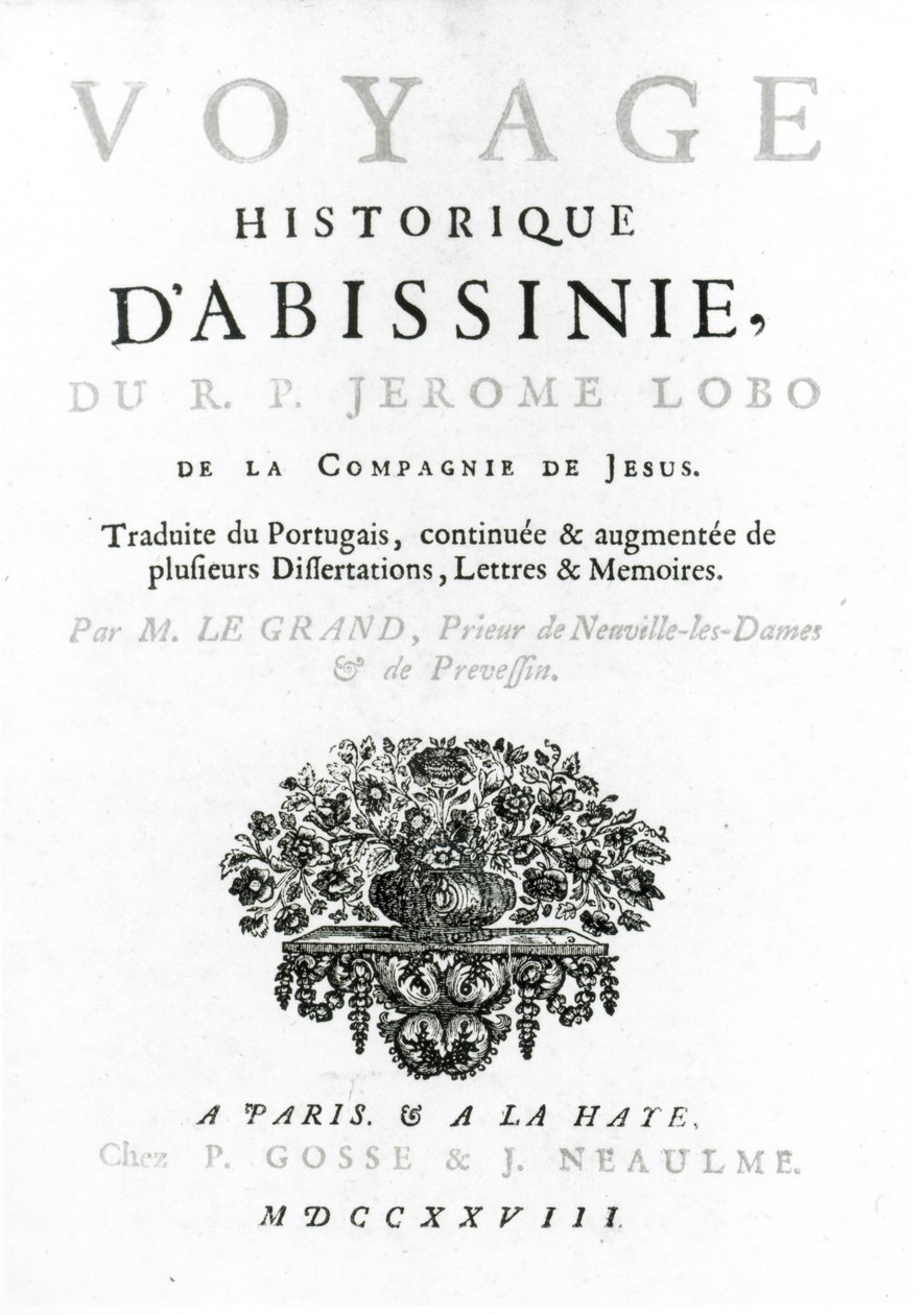 Frontispis k francouzskému překladu Cesty do Habeše od Jeronima Loba (asi 1596-1678) vydaného v roce 1728 od French School
