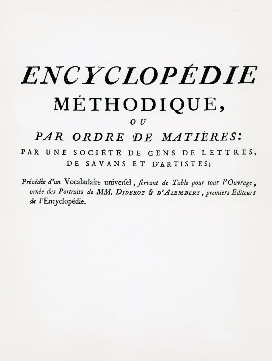 Frontispis k Methodical Encyclopedia by Order of Subject Matter, editovali Denis Diderot a Jean Le Rond DAlembert, vydáno 1782 (tisk) od French School