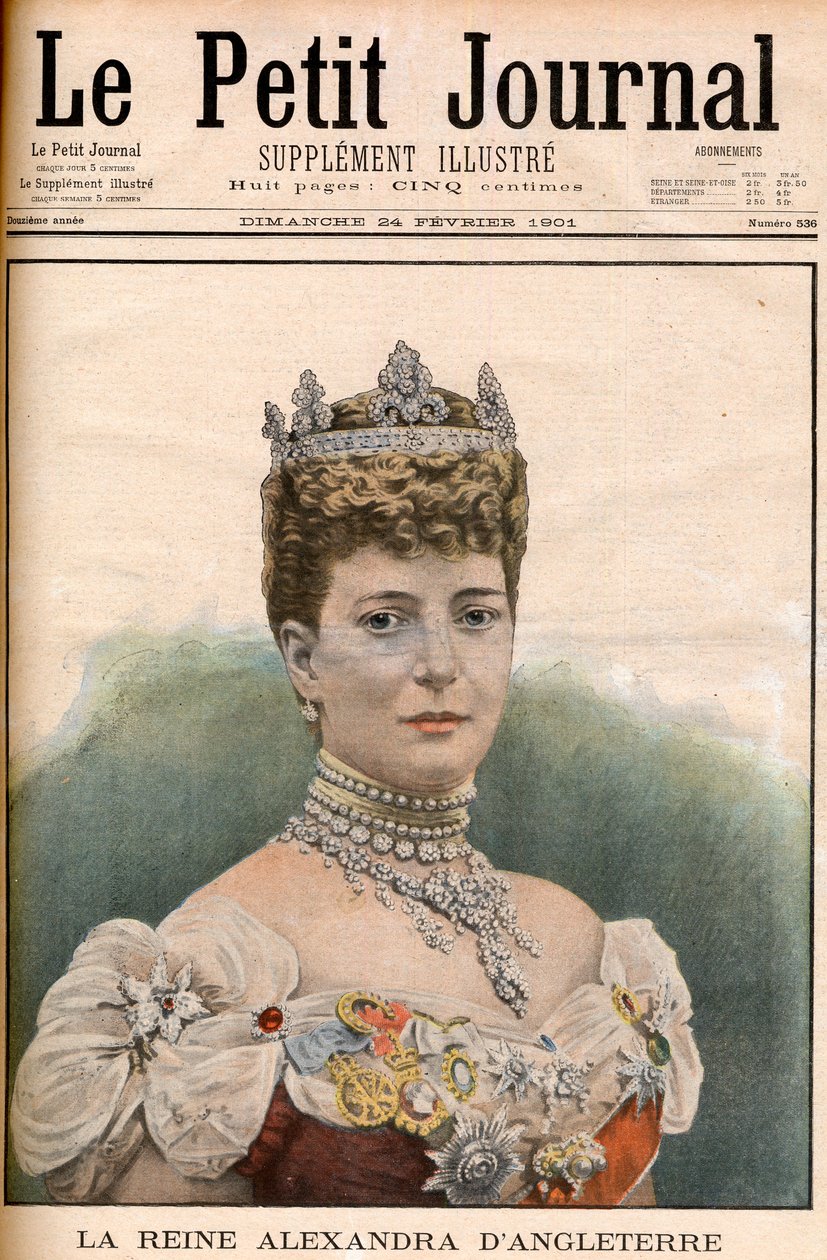 Titulní strana královny francouzských novin Alexandra Anglická (1844-1925) manželka krále Edwarda VII. „Le Petit Journal“ 24. února od French School