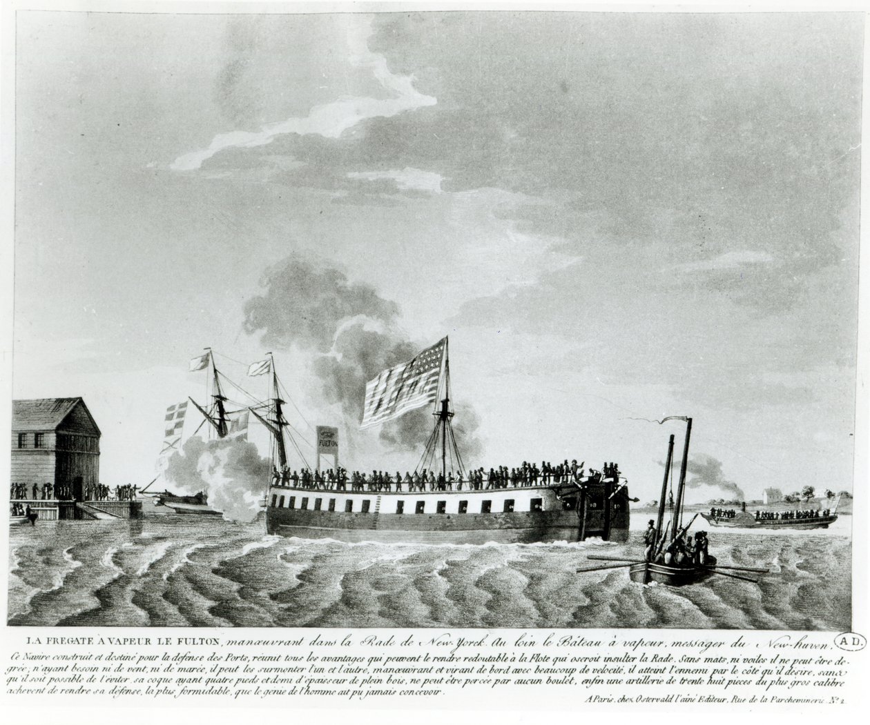 Fultons Parní válečná loď Fulton the First, navržená a postavená Robertem Fultonem pro obranu New Yorku ve válce v roce 1812 (černobílá fotografie z počátku 19. století) od French School