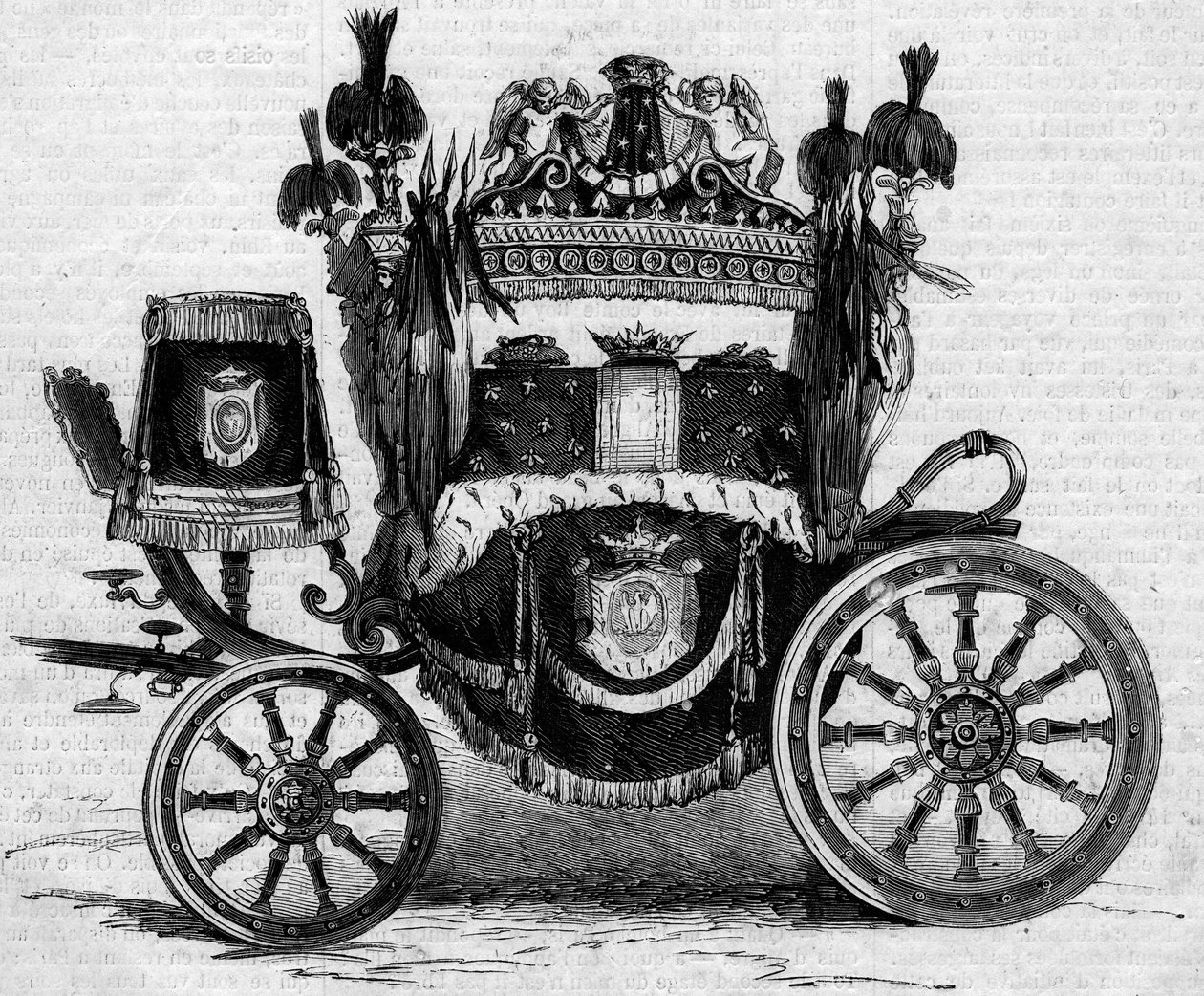Tank Funebre používaný během obsekávání prince Jerome Bonaparte (1784-1860). Rytina v „“ Le Monde Illustré““ č. 169 ze 7. července 1860. od French School