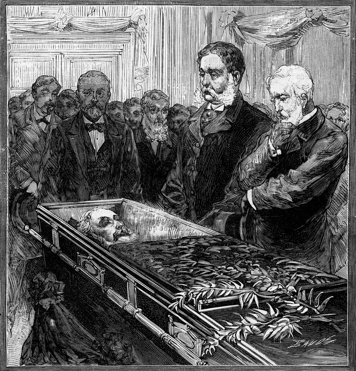 Pohřeb Jamese Abrama Garfielda (1831-1881), prezidenta Spojených států: jeho nástupce, Chester Alan Arthur (1830-1886) a tajemník Blain před rakví pod kupolí washingtonského Kapitolu. Gravírování v “” Le Monde Illustré”” č. 1282 of od French School