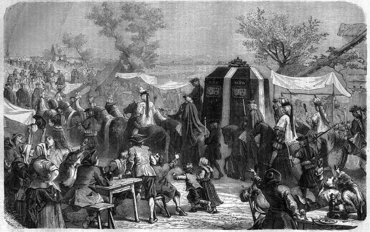 Pohřeb Ludvíka XIV. v roce 1715. Rytina v „Historie papežů-králů-královen a císařů v průběhu staletí““ od Maurice Lachatre od French School