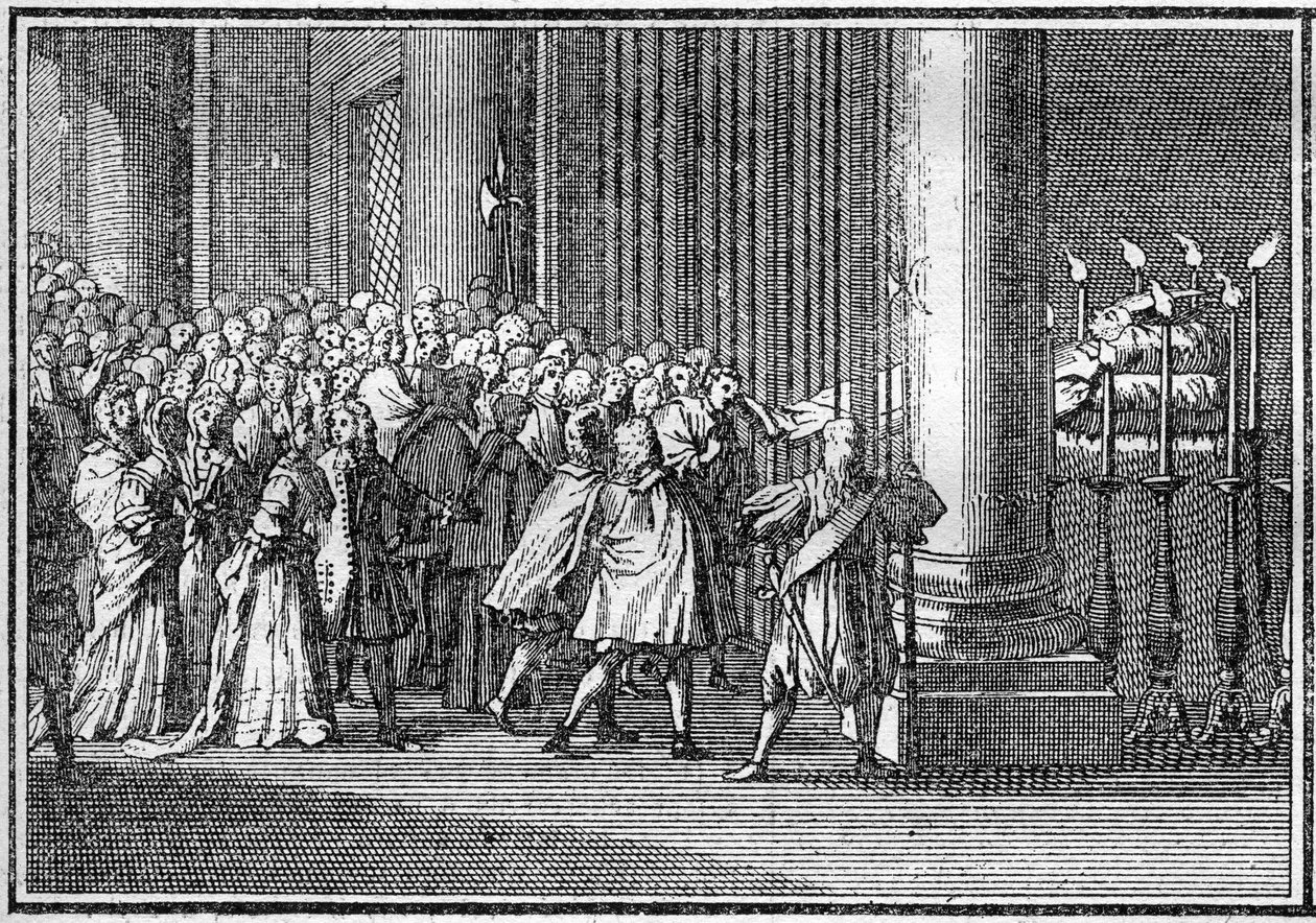 Pohřeb papeže v 18. století: tělo papeže je tři dny vystaveno v kostele sv. Petra v Římě. Rytina v „Histoire des religions““. od French School