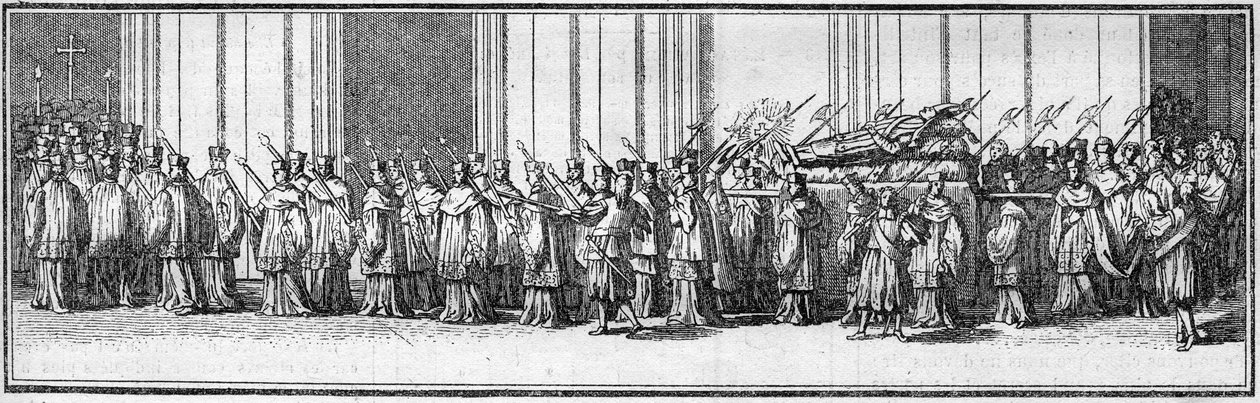 Pohřeb papeže v 18. století: tělo papeže nese do kostela svatého Petra v Římě. Rytina v „Histoire des religions““. od French School