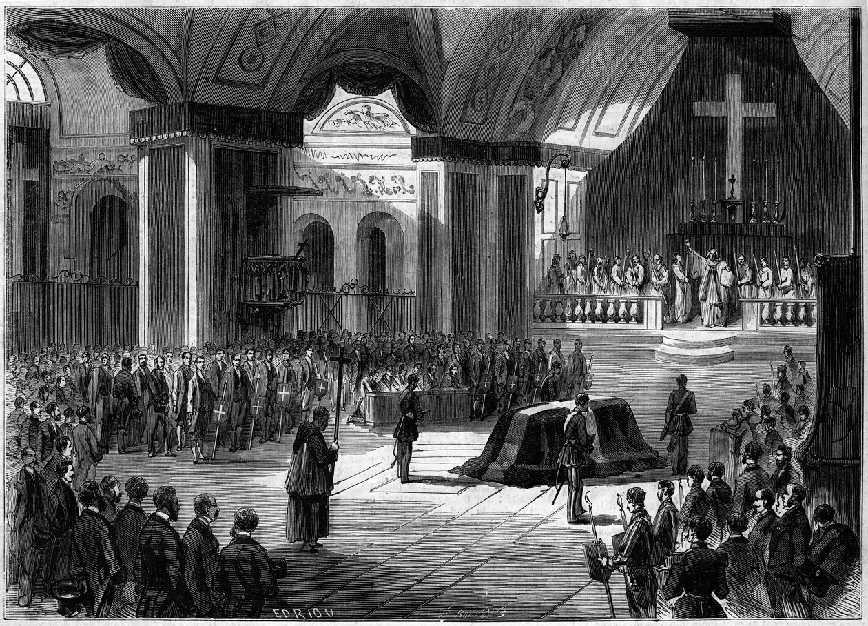 Pohřeb hraběte z Cavour, Turín, 7. června 1861: vnitřní pohled na kostel Andělské Madony během obřadu. Rytina v „“ Le Monde Illustré““ č. 219 z 22. června 1861. od French School