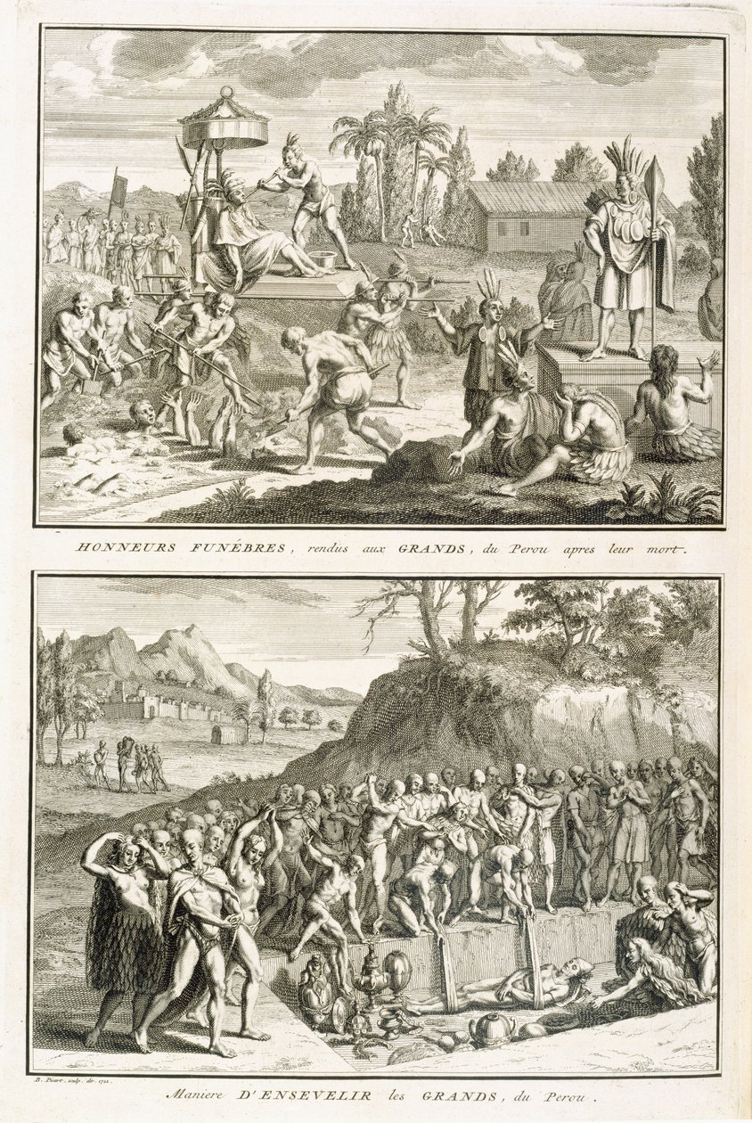 Pohřební rituály a způsob pohřbívání pánů po jejich smrti v Peru, ilustrace z Náboženských obřadů a zvyků, vyryl Bernard Picart (1673-1733) 1722 od French School