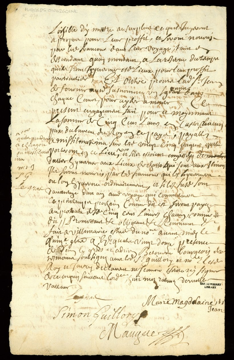 Smlouva o obchodu s kožešinami mezi Francoisem Francoeurem a čtyřmi voyageurs o přepravě zboží a nákupu bobřích pelet v Michilimackinacu a Chicagu, 1692 (viz také 332318) od French School