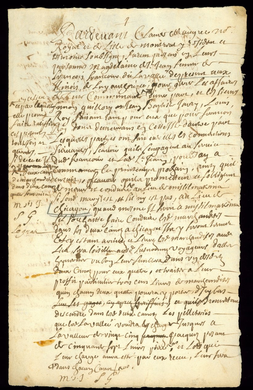 Smlouva o obchodu s kožešinami mezi Francoisem Francoeurem a čtyřmi voyageurs o přepravě zboží a nákupu bobřích pelet v Michilimackinacu a Chicagu, 1692 (viz také 332317) od French School
