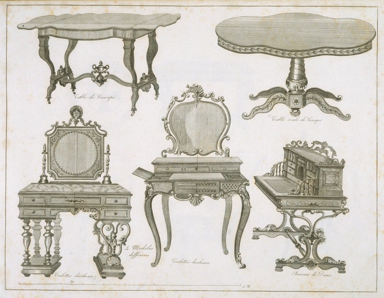Návrhy nábytku od Lefevre-Chauveaux, z alba Dessins de Meubles, černobílá rytina od French School