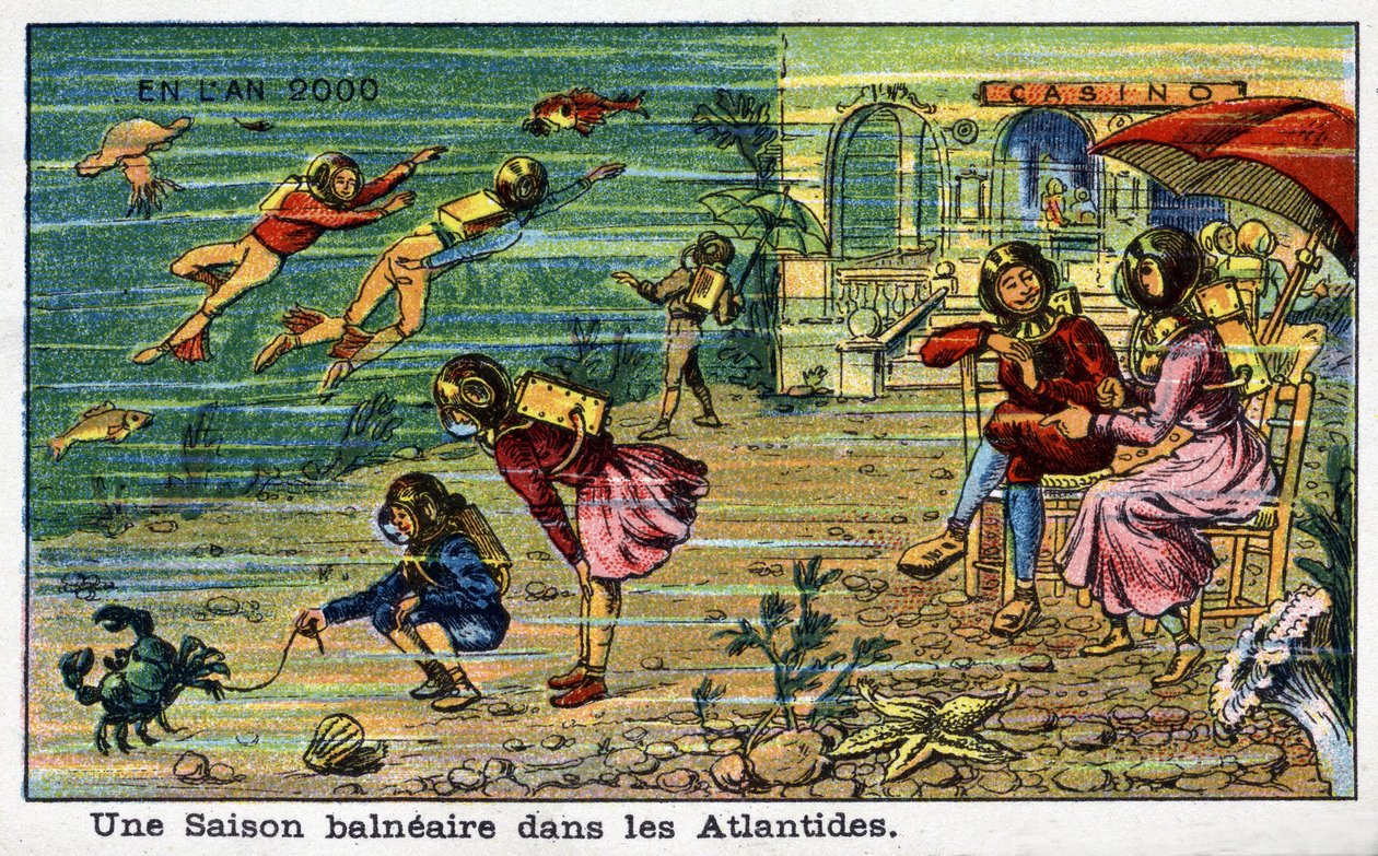 Budoucí dny: Vize roku 2000 devatenáctého století - série „“ V roce 2000“: Přímořská sezóna v Atlantidě. Chromolitografie od Villemarda od French School