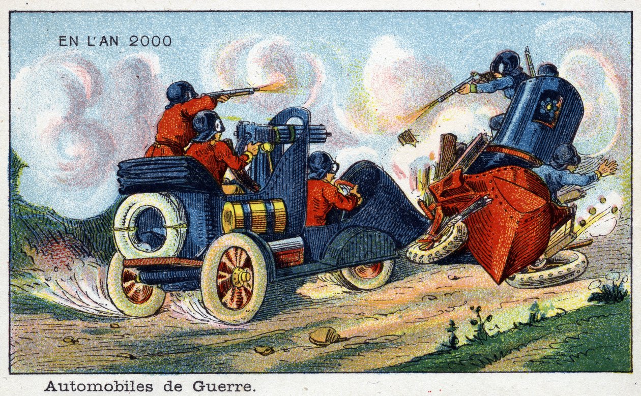Budoucí dny: Vize roku 2000 devatenáctého století – série „“ V roce 2000“: Automotive of War. Chromolitografie od Villemarda od French School