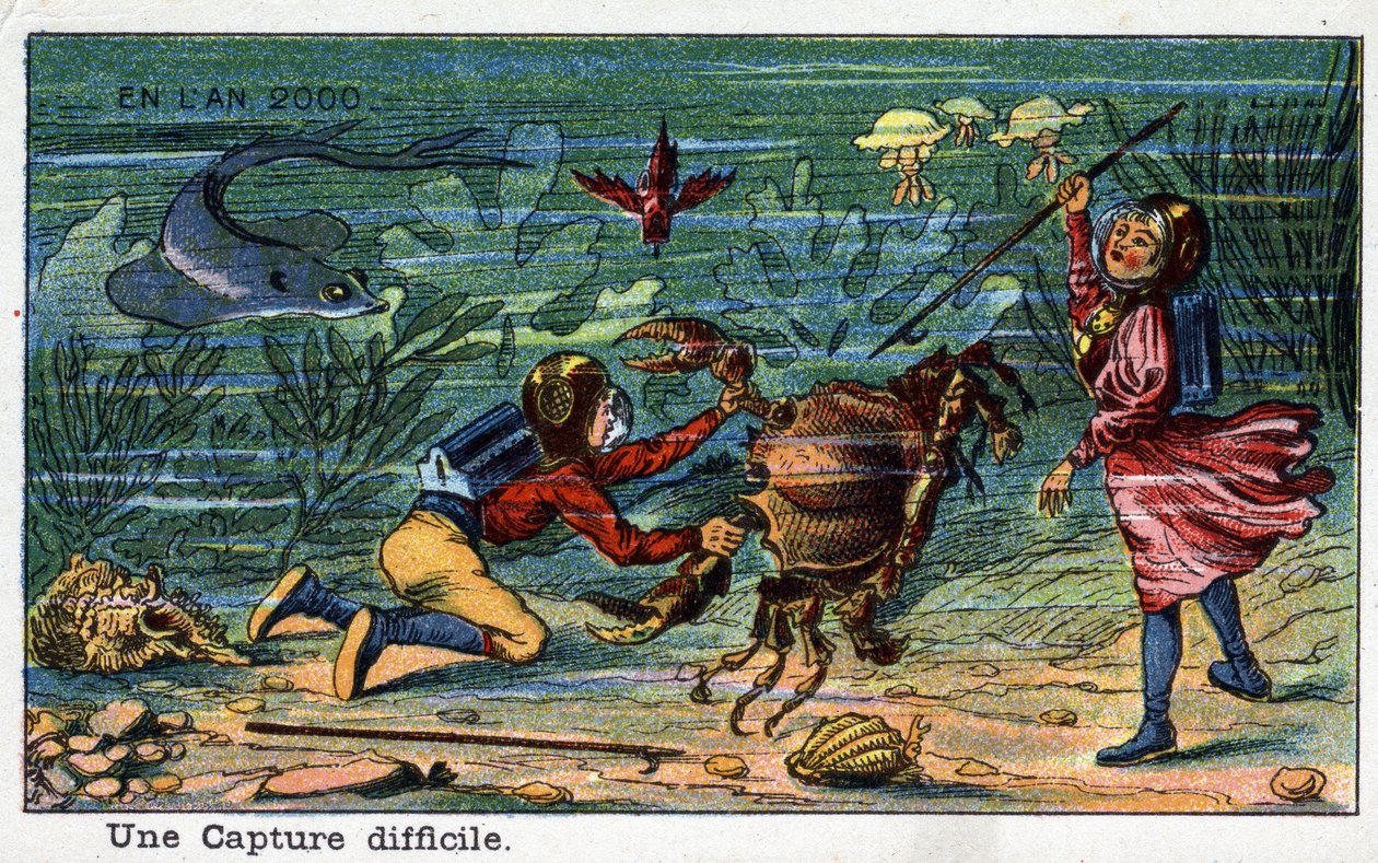 Budoucí dny: Vize roku devatenáctého století série 2000: Obtížné zachycení (pod mořem). Chromolitografie od Villemarda od French School
