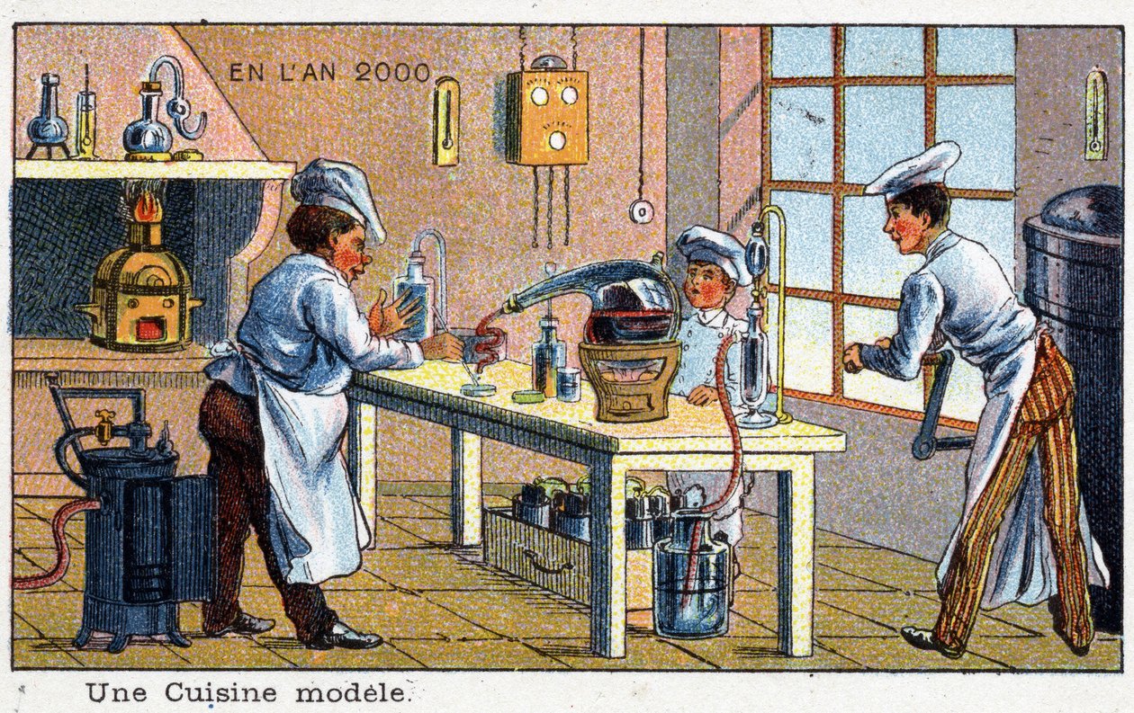 Budoucí dny: Vize roku 2000 z devatenáctého století: Modelová kuchyně. Chromolitografie od Villemarda od French School