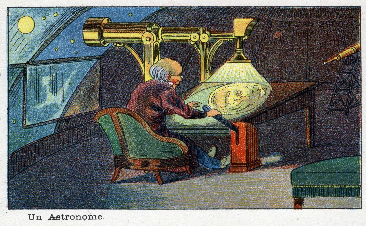 Budoucí dny: Vize roku 2000 v 19. století Řada: Astronom (pracující s konkrétním dalekohledem). Chromolitografie od Villemarda od French School