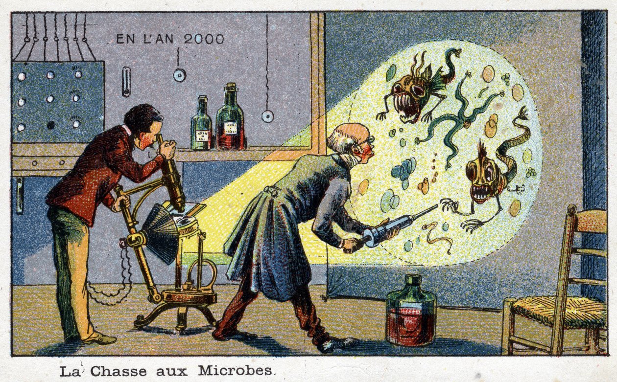 Futuredays: A Devatenáctého století vize roku 2000 Series: The Hunting of Microbes (2 vědci odstraňující zvětšené mikroby pomocí stroje). Chromolitografie od Villemarda od French School