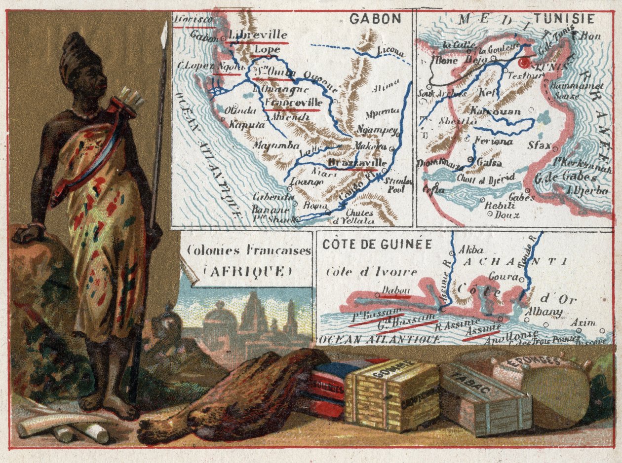 Gabon, Tunisko a pobřeží Guineje v Africe. Seriál o francouzských koloniích. Surovina: guma, houba, tabák a hedvábí, slonovina. Chromolitografie (Chromo) „“zeměpisné vlákno“, kolem roku 1920. Soukromá sbírka. od French School