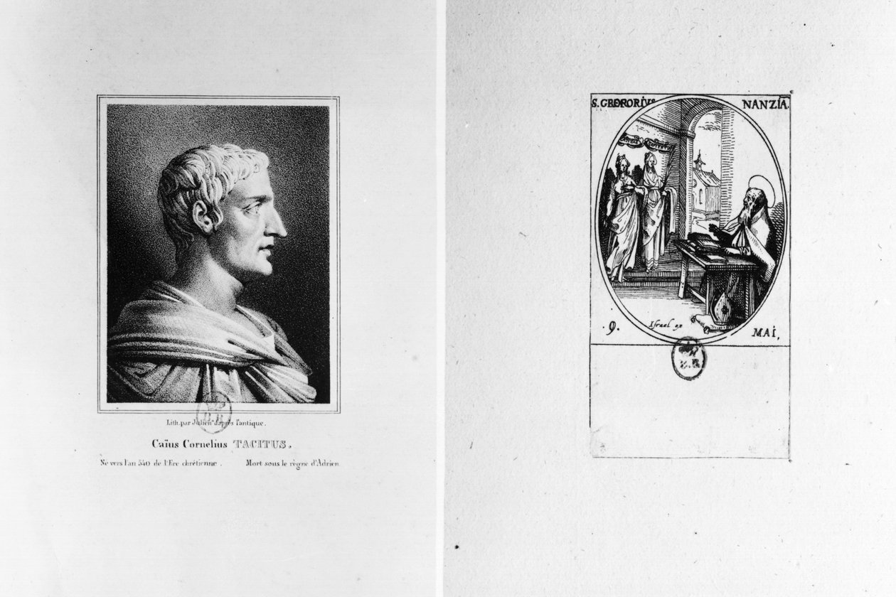 Gaius Cornelius Tacitus (56 nl-asi 120) vyrytý Julienem a sv. Řehoř z Nazianzu (asi 329-390) vyrytý Izraelem od French School