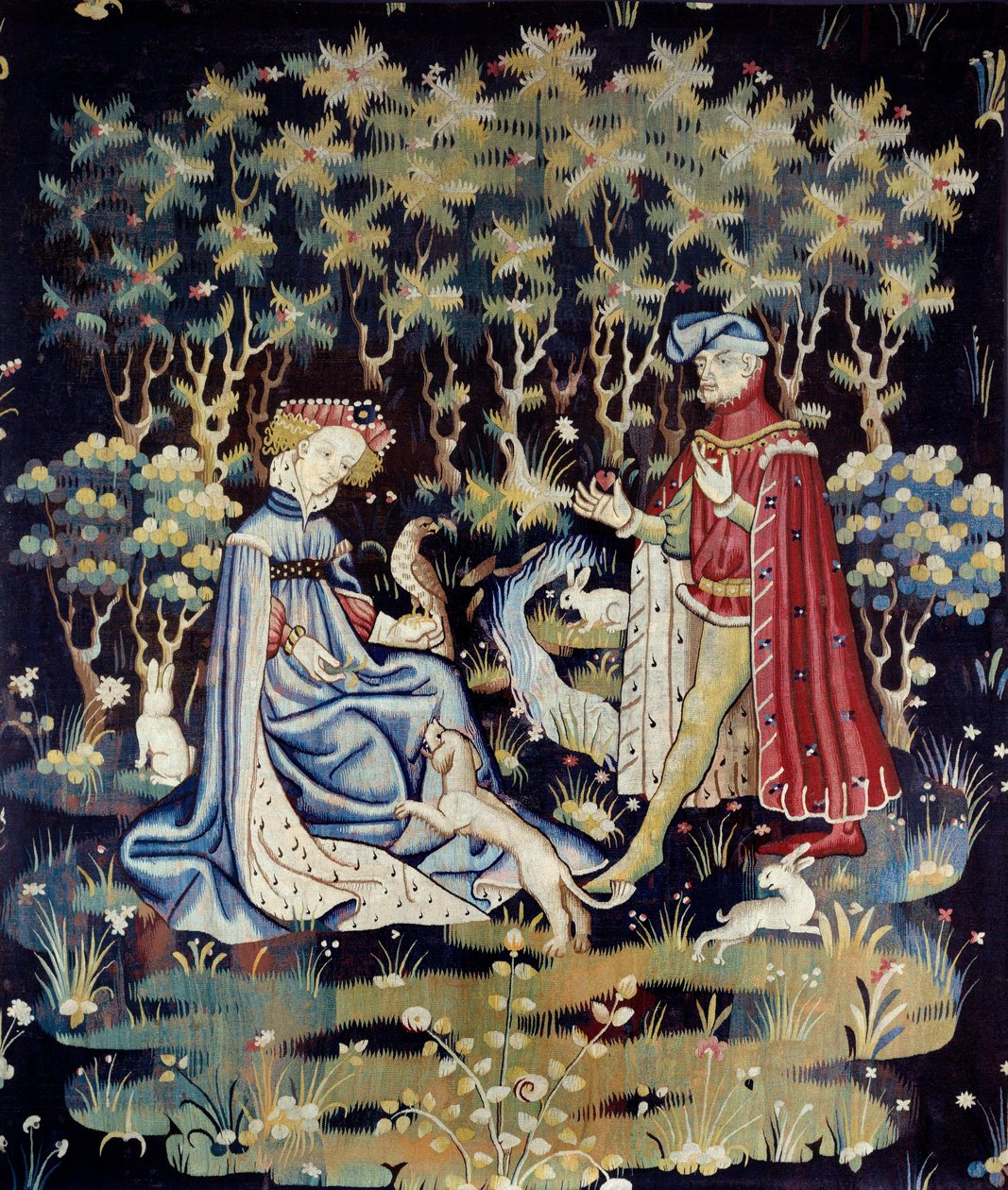 Scéna Galante: „“nabídka srdce““ Tapiserie z vlny a hedvábí z dílny v Arras - 1400-1410 Rozměr 2,4x2 m Paříž, Musee du Louvre od French School