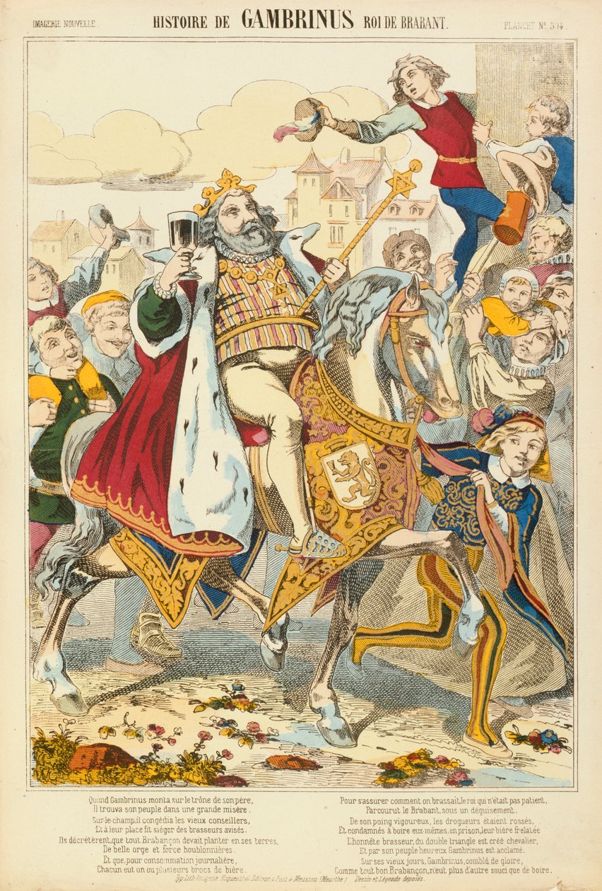 Gambriunus, legendární král Flander, brožovaný list vydaný nakladatelstvím Verlag Haguenthal, Pont-a-Mousson, 1860 od French School