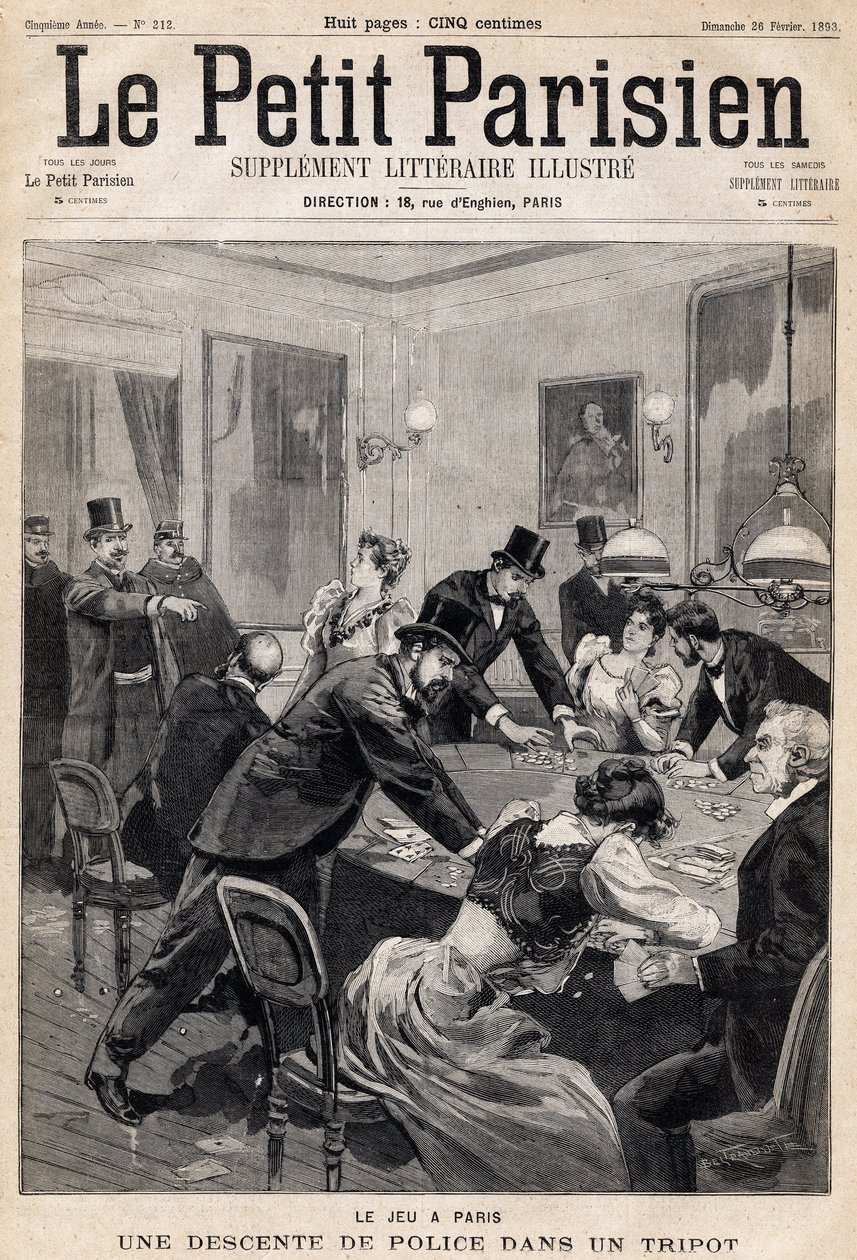 Herna v Paříži: Policejní razie v herním klubu (kasinu). Jeden z novin "Le Petit Parisien"" dne 26.2.1893 (rytina) od French School