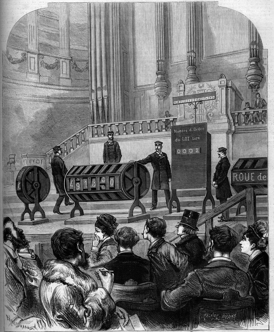 Hazardní hra: losování Národní loterie ve slavnostním sále Trocadero dne 6. ledna 1879 v Paříži. Rytina v „“ Le Monde Illustré““ č. 1140 z 1. února 1879. od French School