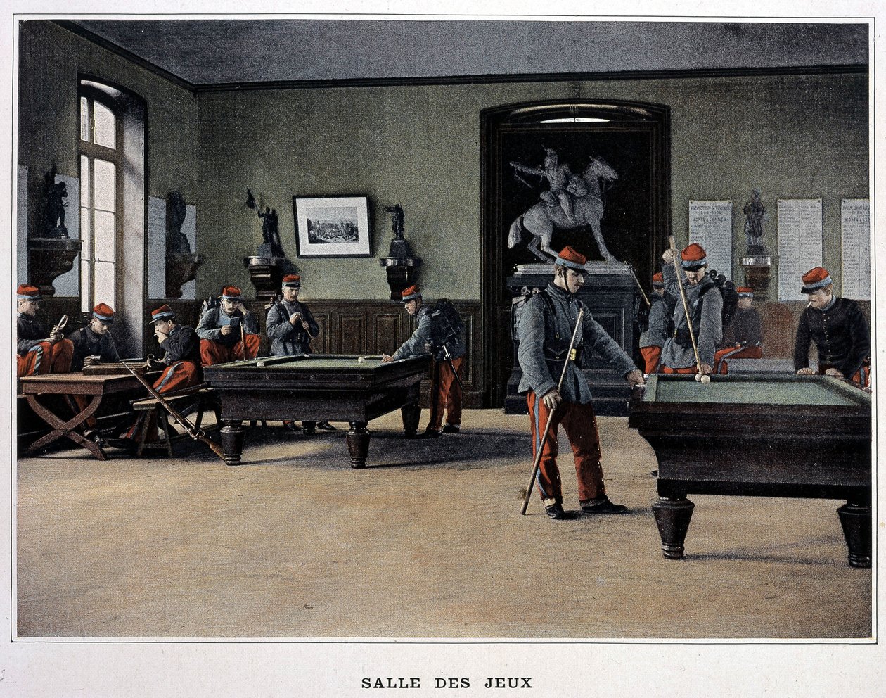Herna: vojáci hrají kulečník a z - v "Album militaire"" - pěchota od French School
