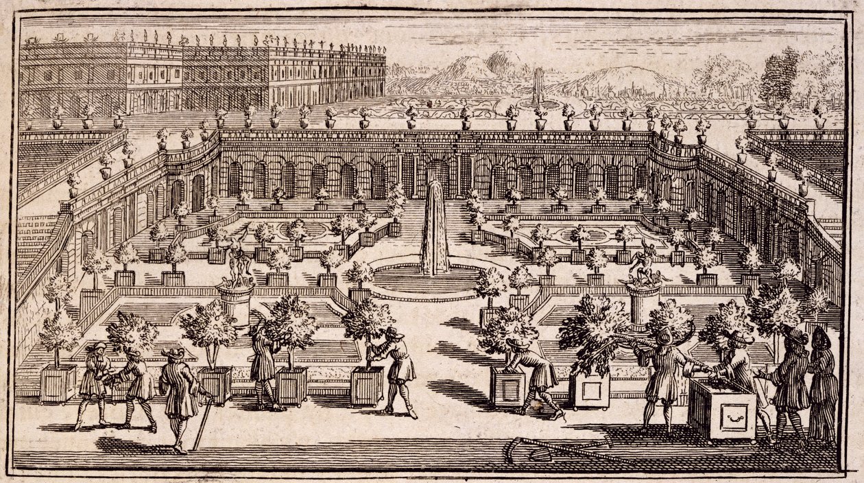 Zahradníci pracující v pomerančové zahradě, z Le Parfait Jardinier, ou Instruction pour les Jardins Fruitiers et Potager, od Jean de la Quintinye, vydáno 1695 od French School