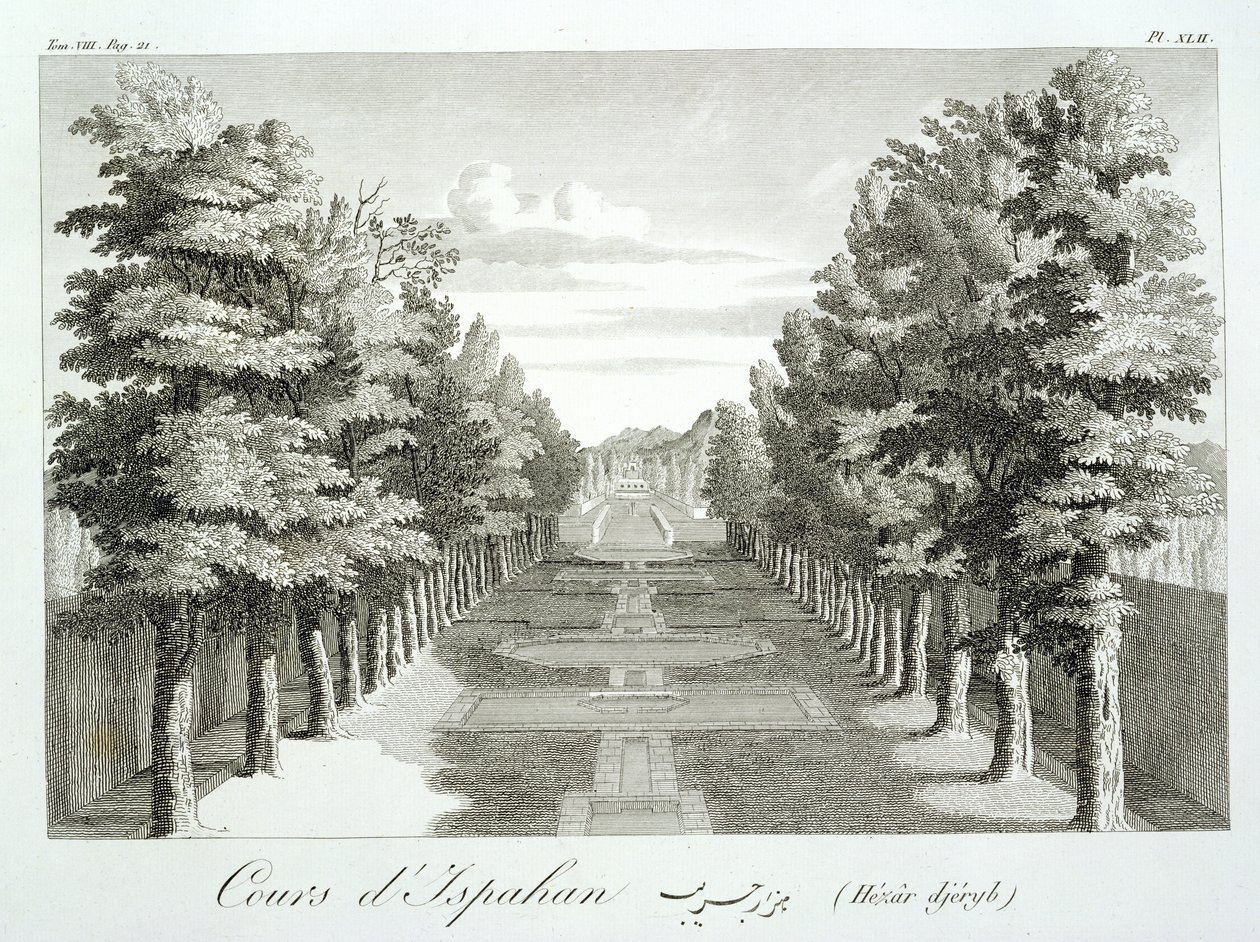 Zahrady v Tshehar-Bagh, Isfahan, z knihy Voyages du Chevalier Chardin en Perse, et autres Lieux de l
