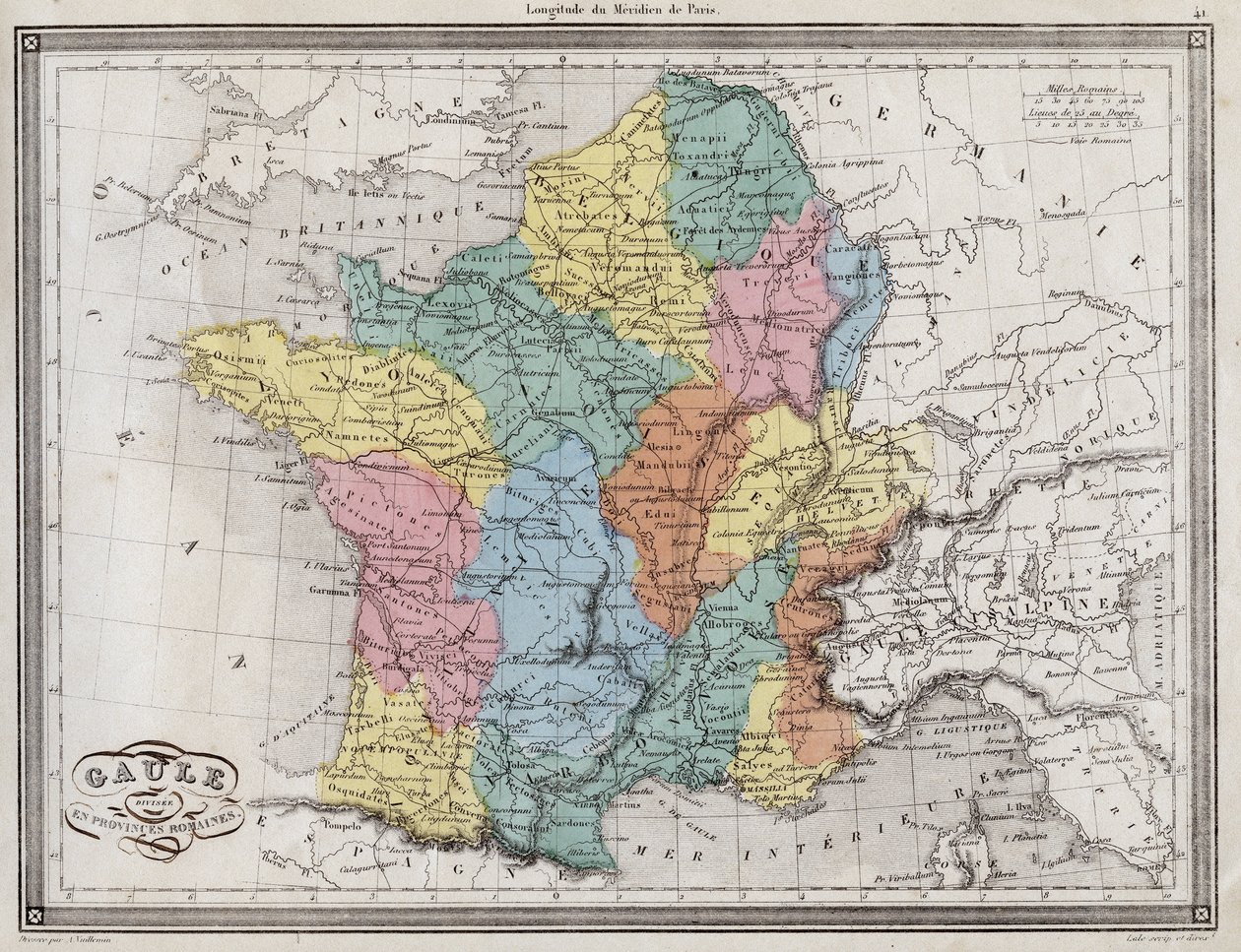 Galie rozdělená na římské provincie - Deska extrahovaná z „“Univerzálního atlasu starověké a moderní geografie pro obytné školy““ od Vuillemina – ca. 1845 od French School