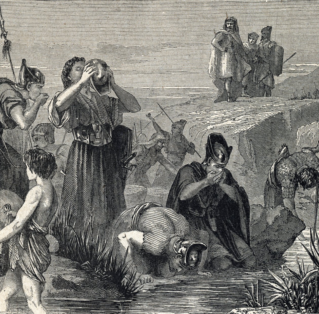Gedeon (Gideon) volá Bohem, aby porazil Madianity, vybírá své vojáky z těch, kteří pijí, když si nosí vodu k ústům (Gideon nebo Gedeon si vybírá své vojáky, přičemž si nechávají pouze ty, kteří zvedli vodu k jejich ústům, a přitom dra od French School