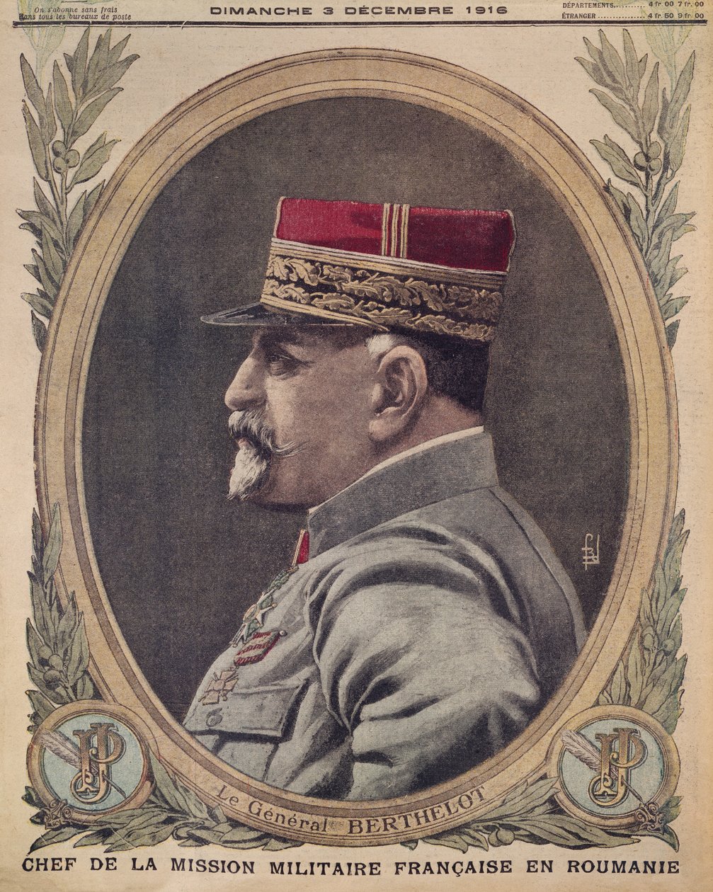Generál Berthelot, náčelník francouzské vojenské mise v Rumunsku, ilustrace přední obálky z Le Petit Journal, příloha ilustrovaná, 3. prosince 1916 od French School