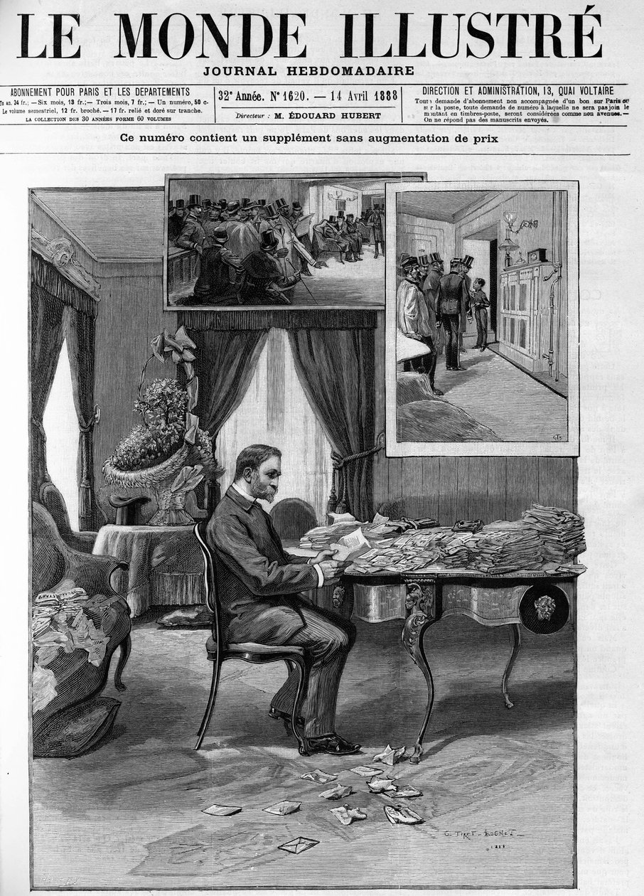 Generál Georges Boulanger (1837-1891) v hotelu du Louvre pokračuje ve zkoumání korespondence v „Le Monde illustrious“ v roce 1888. od French School