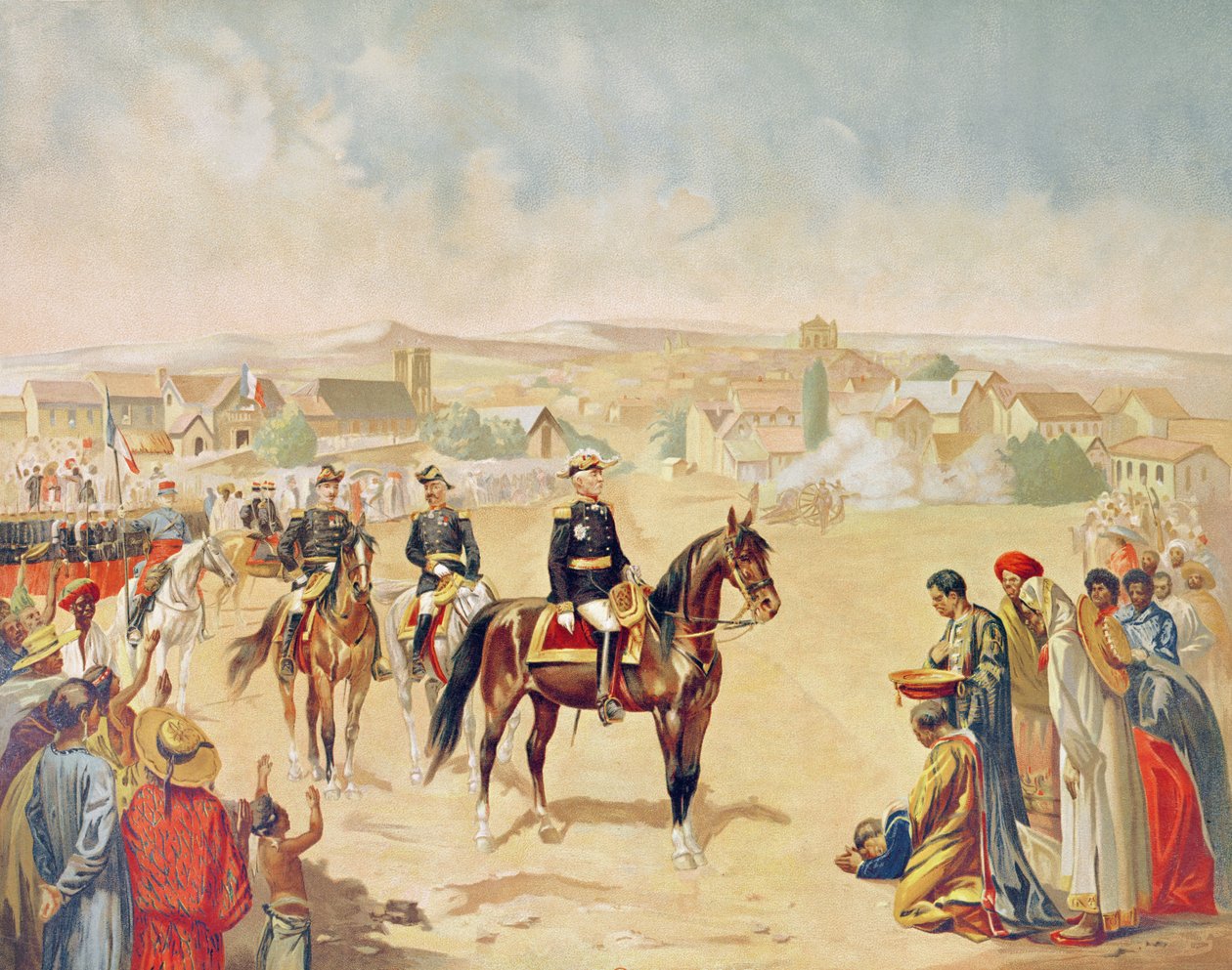 Generál Jacques Achille Duchesne (1837-1918) vstupuje do Tananarive, Madagaskar, 1. října 1895 (barevná rytina) od French School
