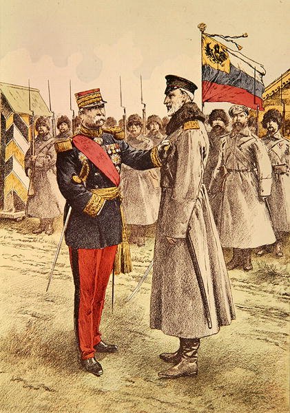 Generál Pau předává francouzské vyznamenání ruskému vrchnímu veliteli, velkoknížeti Mikulášovi. od French School