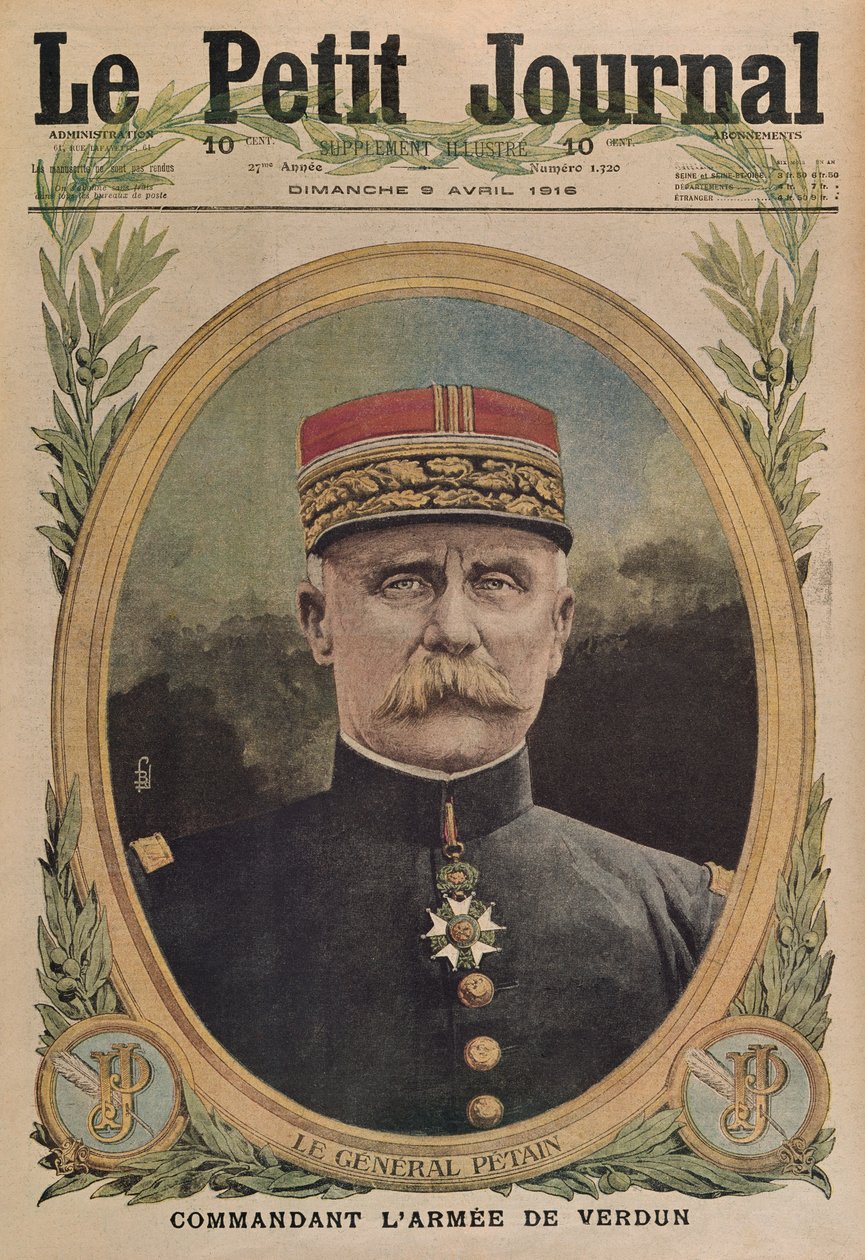Generál Petain velící armádě Verdun, ilustrace přední obálky z Le Petit Journal, příloha ilustrovaná, 9. dubna 1916 od French School
