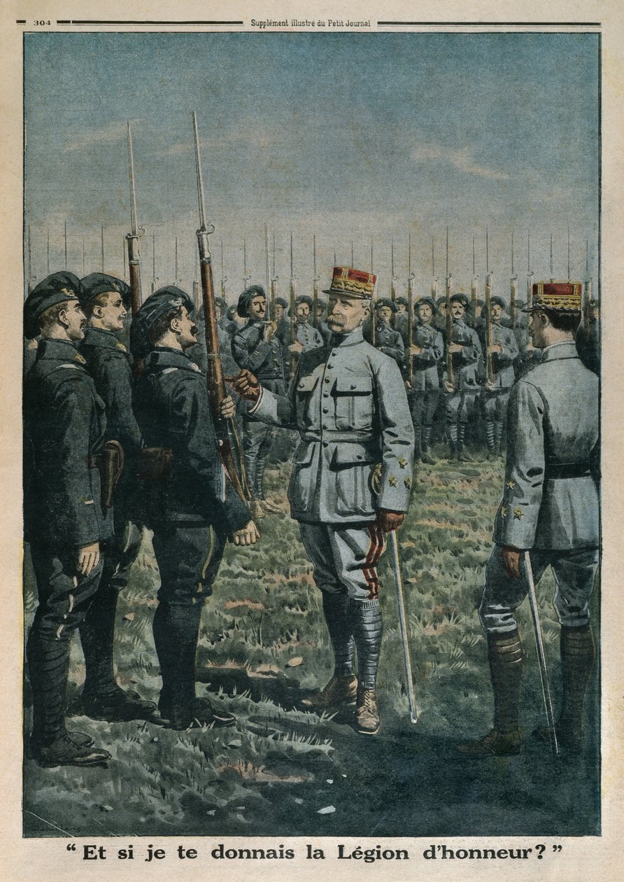 Generál Pétain kontroluje 42. pluk horských pěšáků a co když vám dám Čestnou legii, ilustrace na zadní straně obálky z Le Petit Journal, příloha ilustrovaná, 23. září 1917 ( od French School