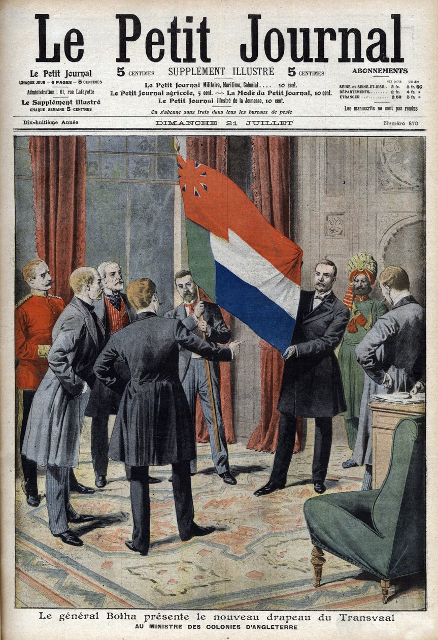 Generál Pieter Willem Botha (Búr) předává novou vlajku Transvaalu (Jihoafrická republika) anglickému koloniálnímu ministru Lordu Elginovi – v „Le Petit Journal“ z 21. července od French School