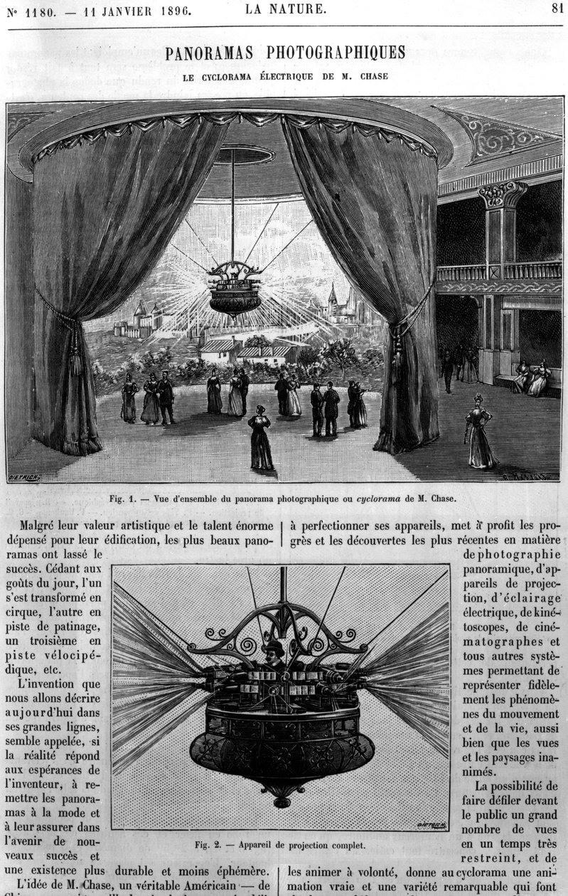 Celkový pohled na Chase Electric Cyclorama, převzato z La Nature, 1896 od French School