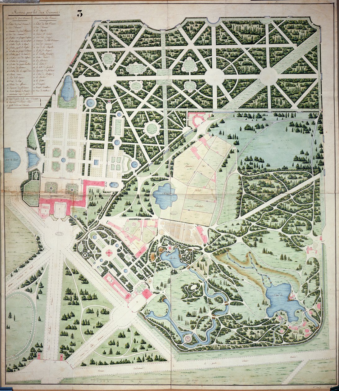 Celkový plán parků dvou Trianonských paláců, Versailles, počátek 19. století (pero a inkoust a wc na papíře) od French School
