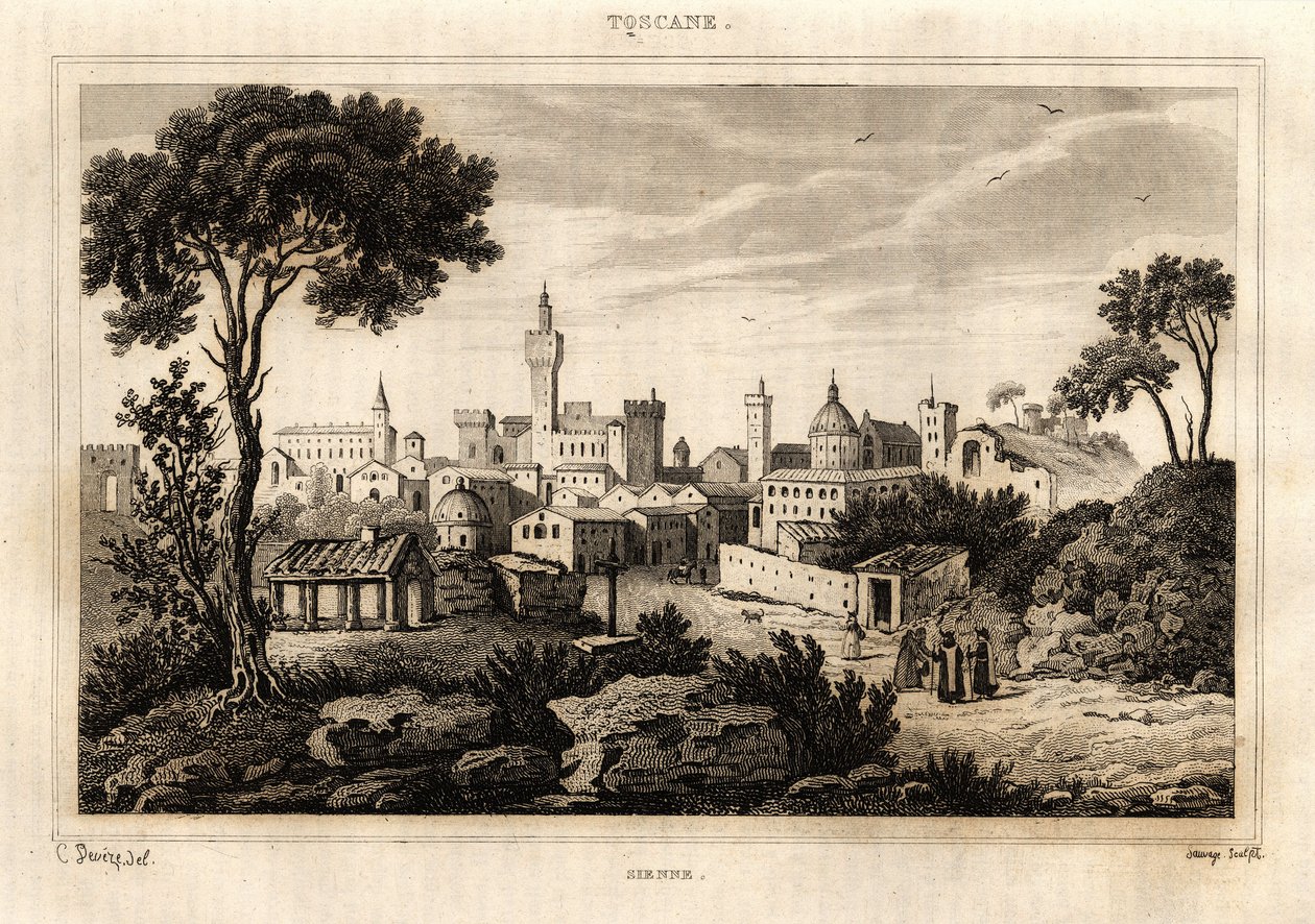 Celkový pohled na Siena (Siena) v Toskánsku, rytina C. Deveze v „Itálie malebná“, editor Amable Coste od French School