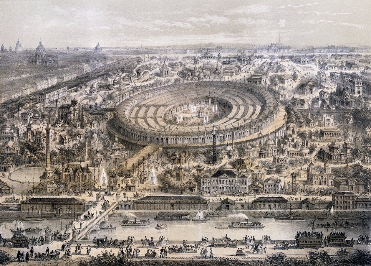 Celkový pohled na výstavu Universelle v roce 1867, pořízený z kopce Trocadero, Paříž, 1867 od French School