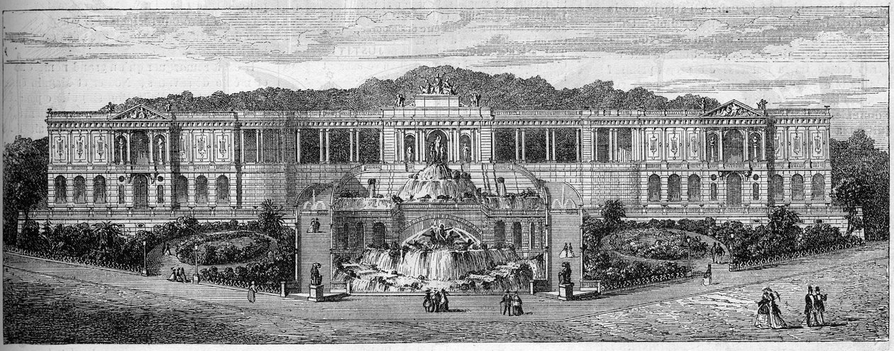 Celkový pohled na Palais de Longchamp v Marseille, Bouches du Rhone (13), jak si jej představoval Frederic Auguste Bartholdi (1834-1904) v roce 1859. Rytina v „“ Le Monde Illustré““ č. 681 z 30. dubna od French School