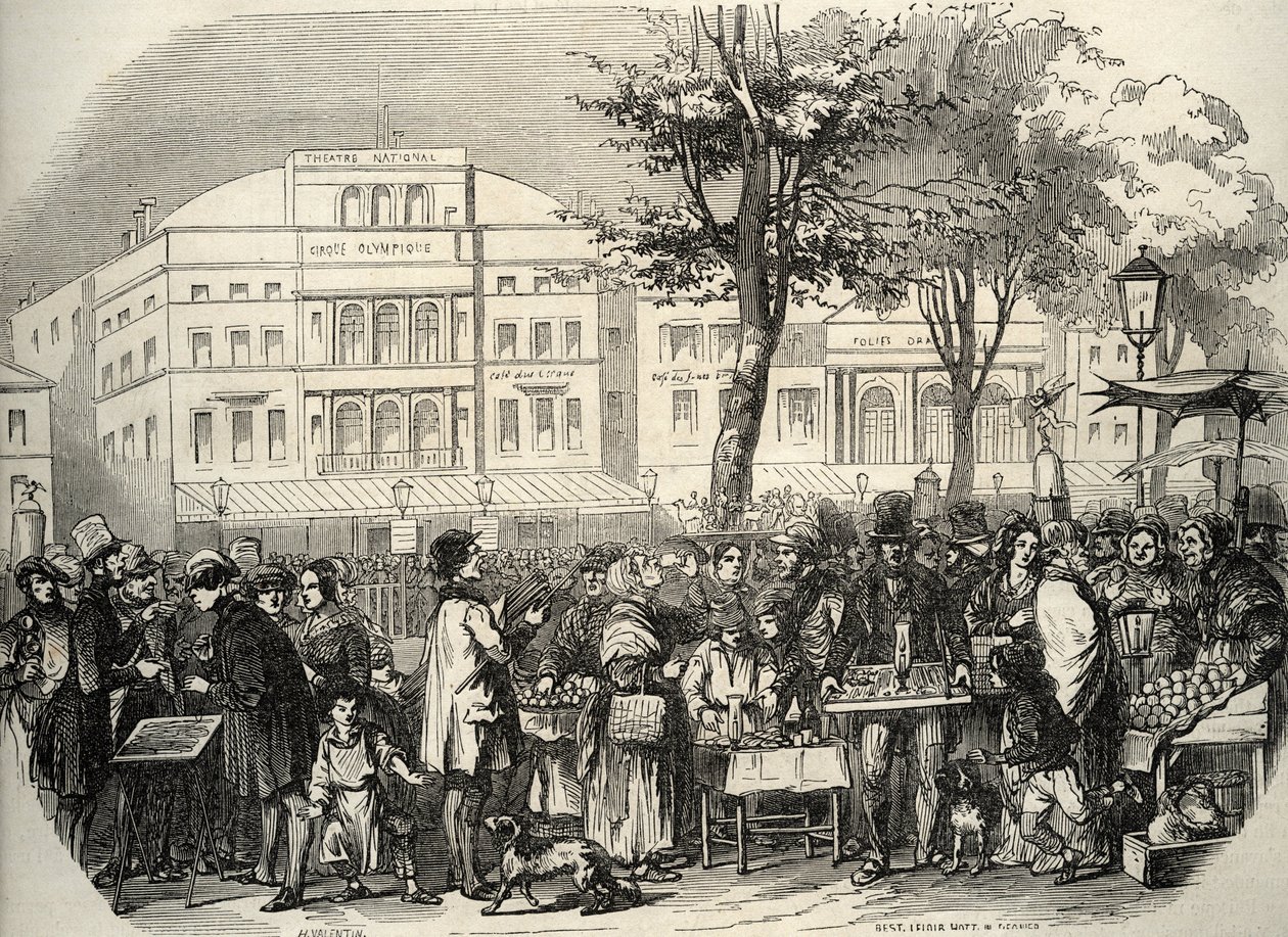 Celkový pohled na boulevard du Temple v Paříži - pouliční prodavači - Paříž - Celkový pohled na boulevard du Temple - Záchranáři obchodníků - Rytina v „Tableau-de-Paris“ od Edmonda Texiera 1852 od French School