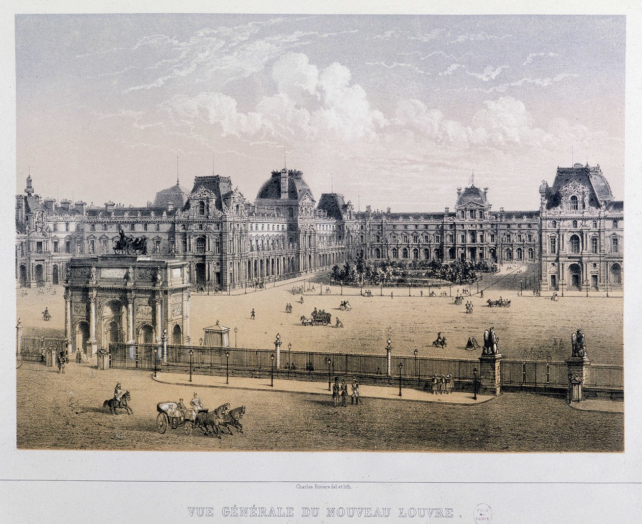 Celkový pohled na nový Louvre: Arc du Carrousel - Rytina 19. století. od French School