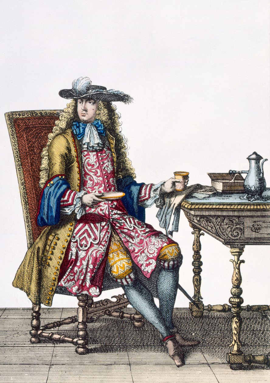 Gentlemans Elaborate Outfit, 1760 88: Gentlemans komplikovaná vyšívaná vesta, kabát a klobouk; 99:muž; tradiční kroj; tradiční oděv; móda; c18.; sedící; lavice; tab od French School