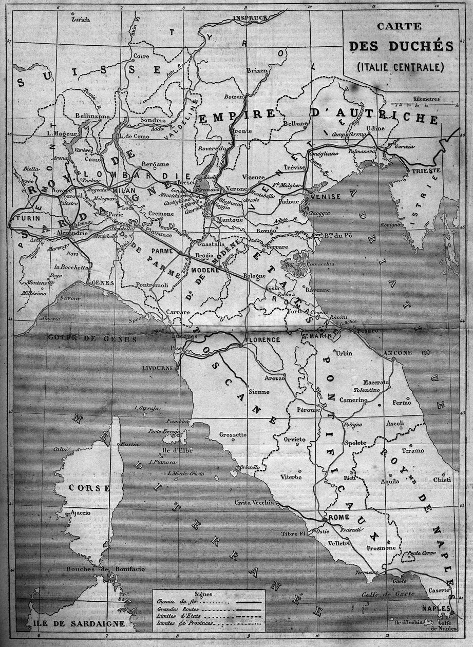 Zeměpisná mapa vévodkyně střední Itálie v roce 1860. Rytina v „“ Le Monde Illustré““ č. 143 ze 7. ledna 1860. od French School