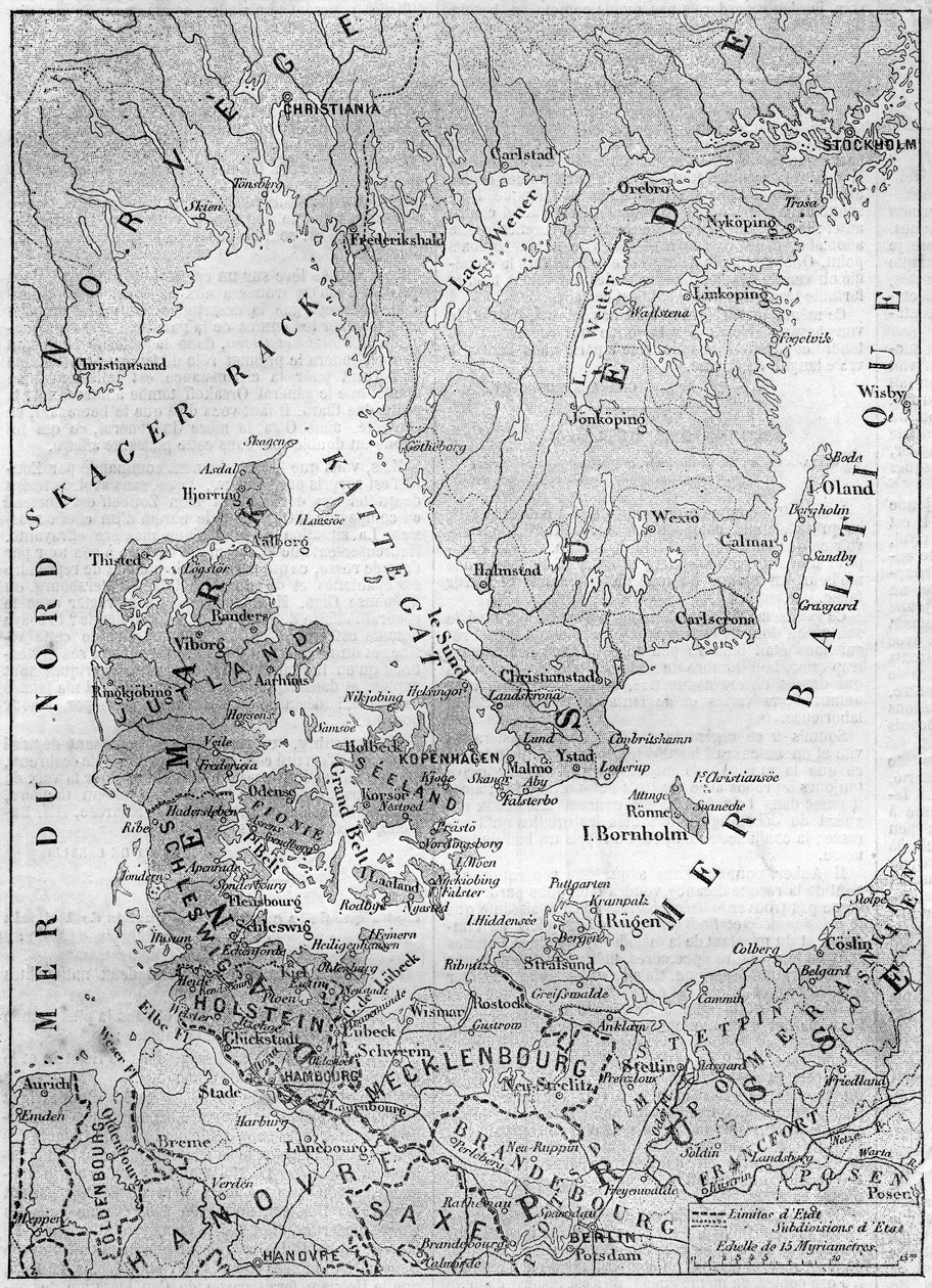 Zeměpisná mapa Dánska v roce 1861 s vévodkyní ze Šlesvicka, Holštýnska a Lauenburgu. Rytina v „“ Le Monde Illustré““ č. 200 z 9. února 1861. od French School